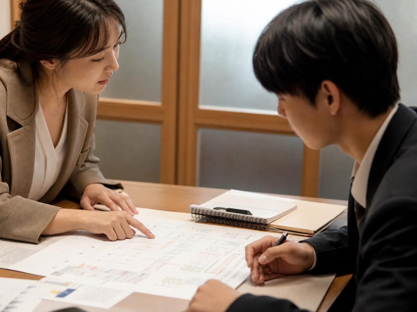 학생과 상담 교사가 계획표를 함께 살펴보는 모습