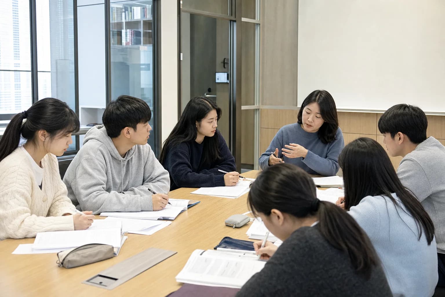 학생의 설명을 듣고 있는 교사와 수업 장면