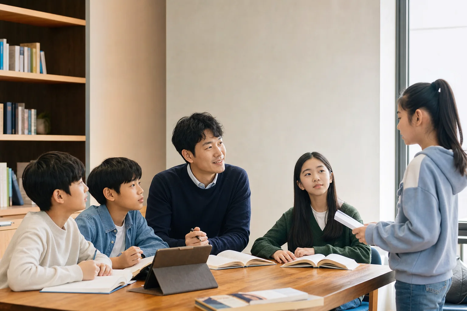 학생의 영어 발표를 듣고 피드백하는 교사와 소그룹 학생들