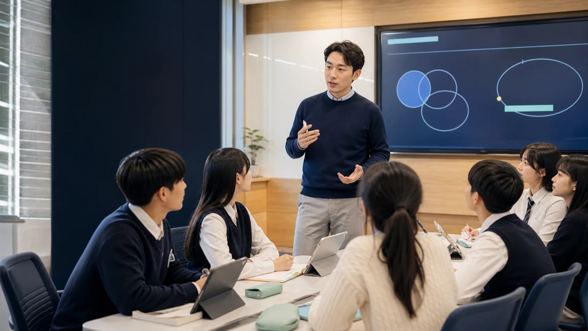 디지털 보드를 활용해 영어 수업을 진행하는 교사와 학생들