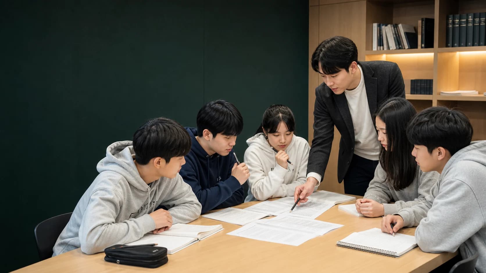 영어 지문을 분석하며 토론하는 중고등학생들과 교사