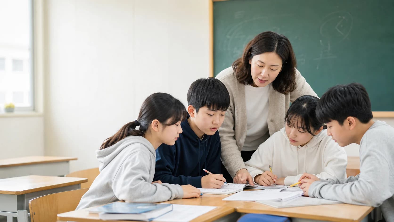 밝은 교실에서 영어와 수학을 지도하는 선생님과 학생들