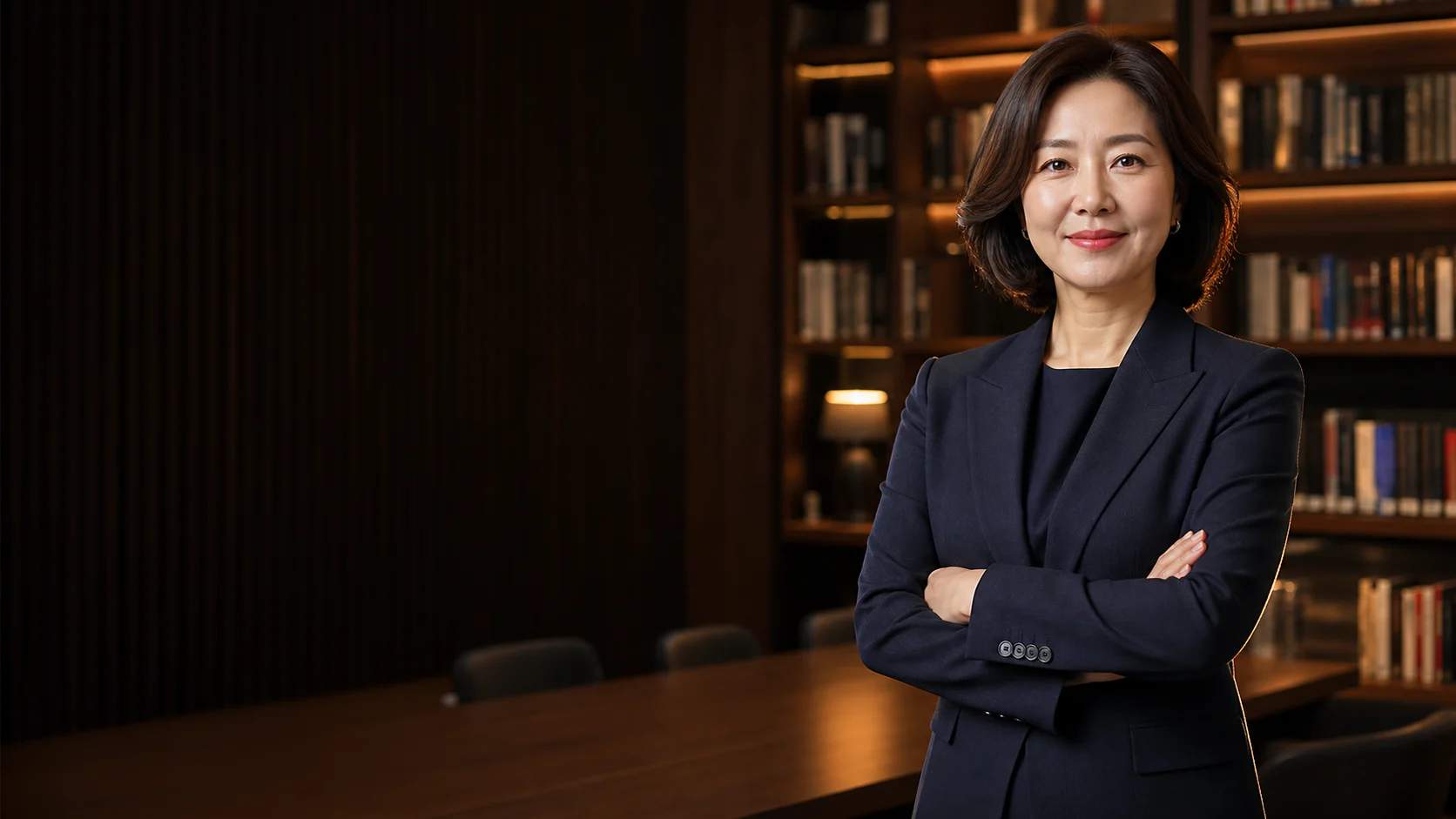차분한 서재에서 촬영한 국어학원 원장 포트레이트