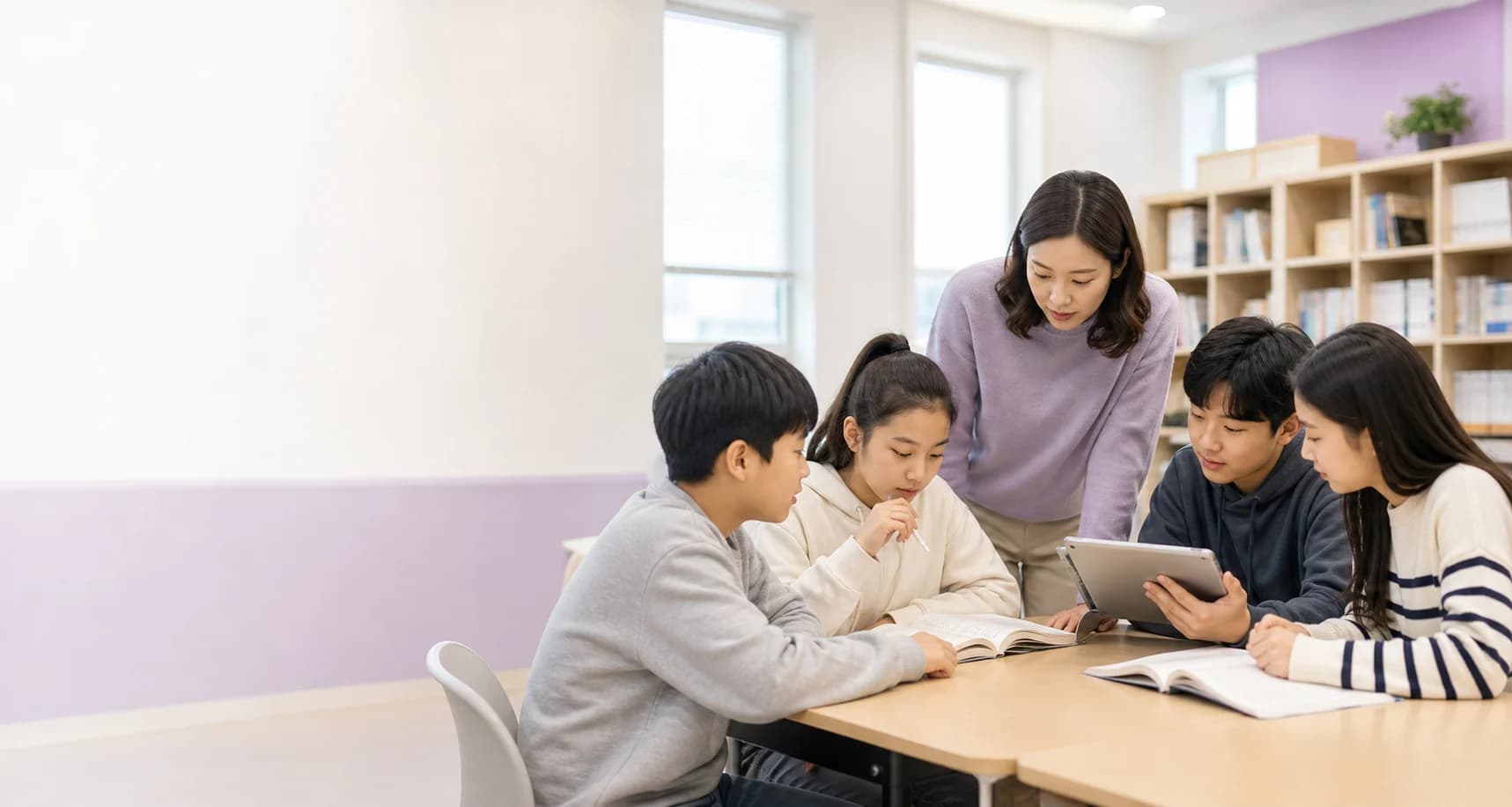 책과 태블릿으로 문해력 수업에 참여하는 초중등 학생들