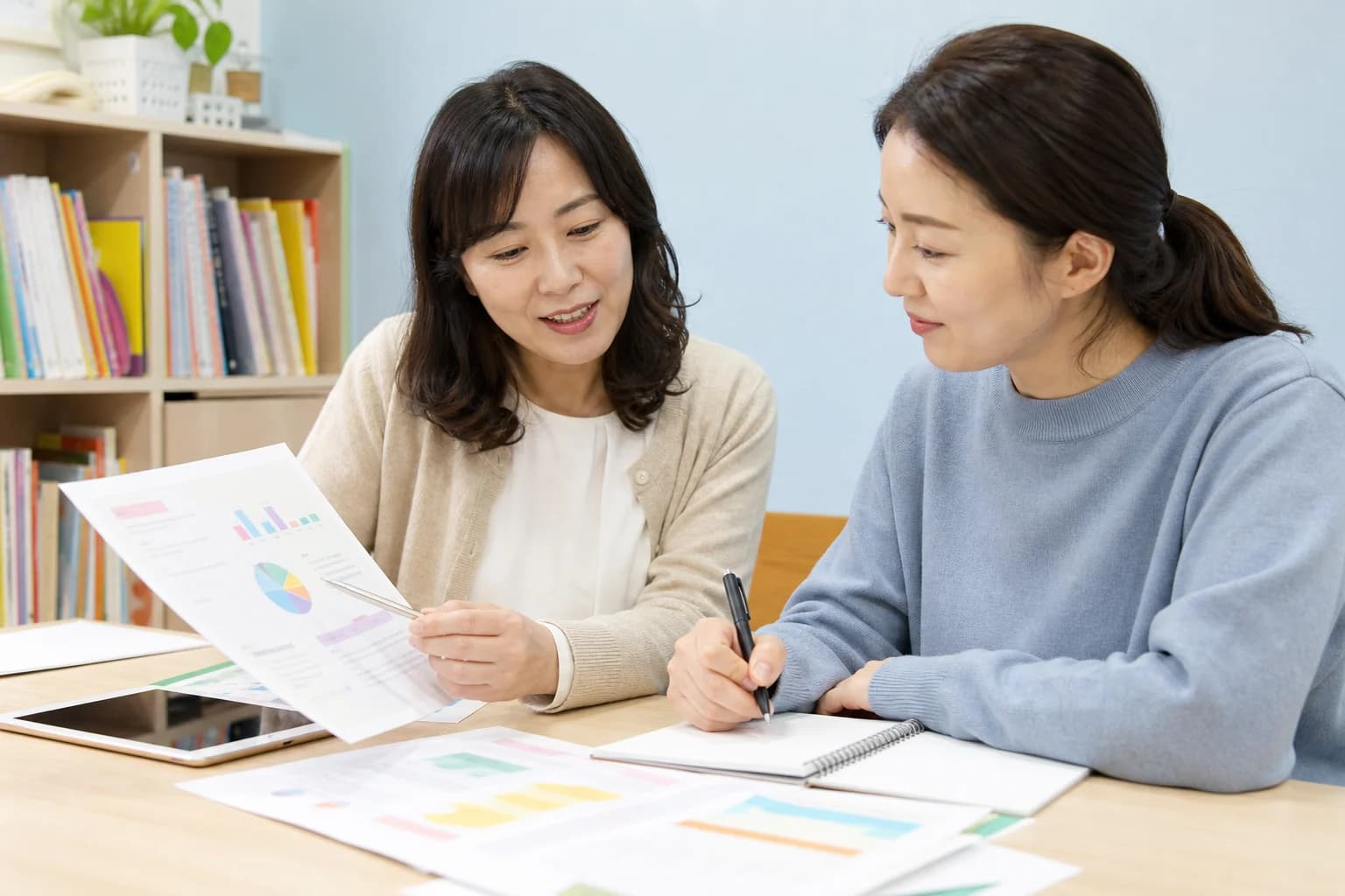 학습 리포트를 함께 검토하는 교사와 학원 원장