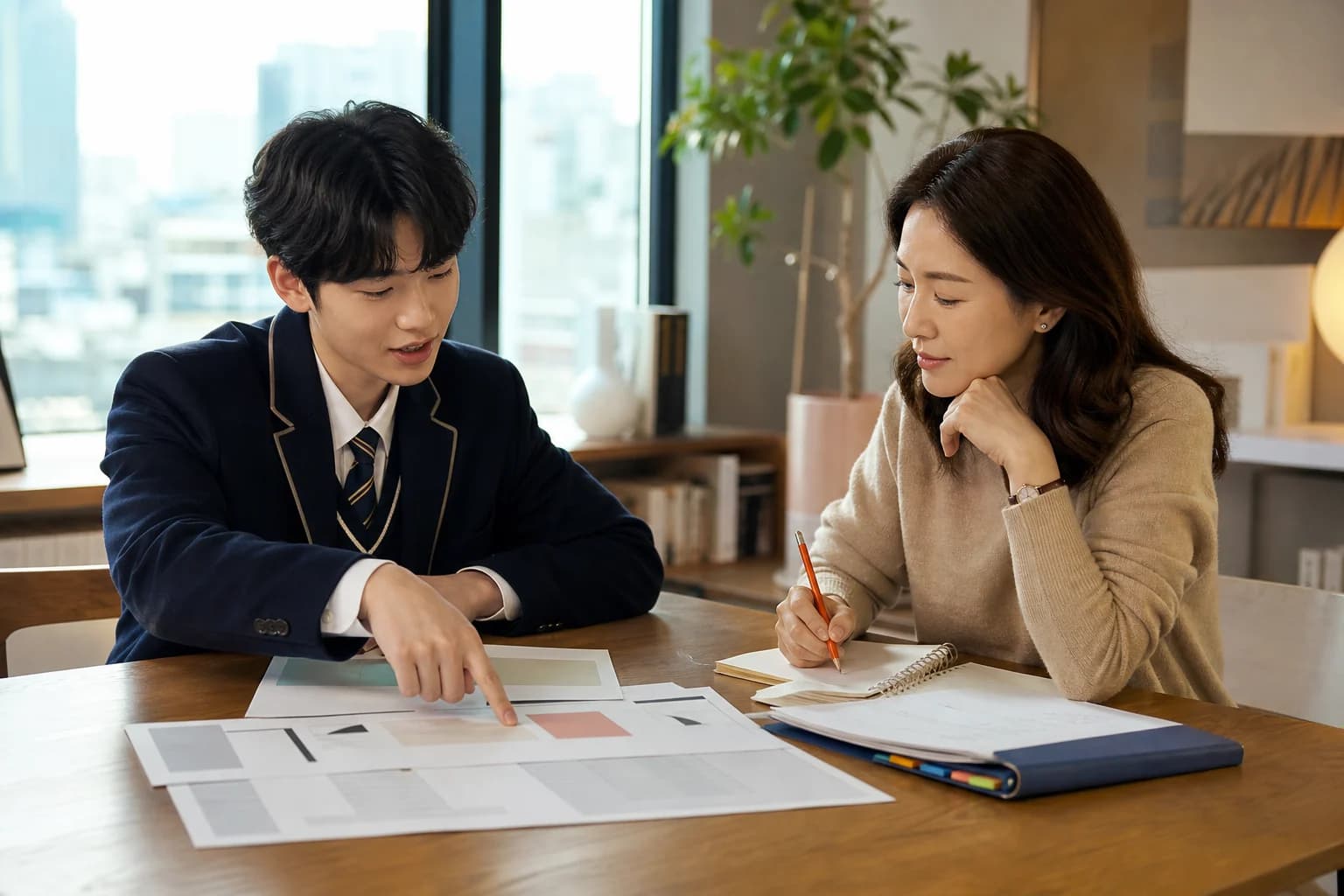 코치와 함께 선택 자료를 보는 학생