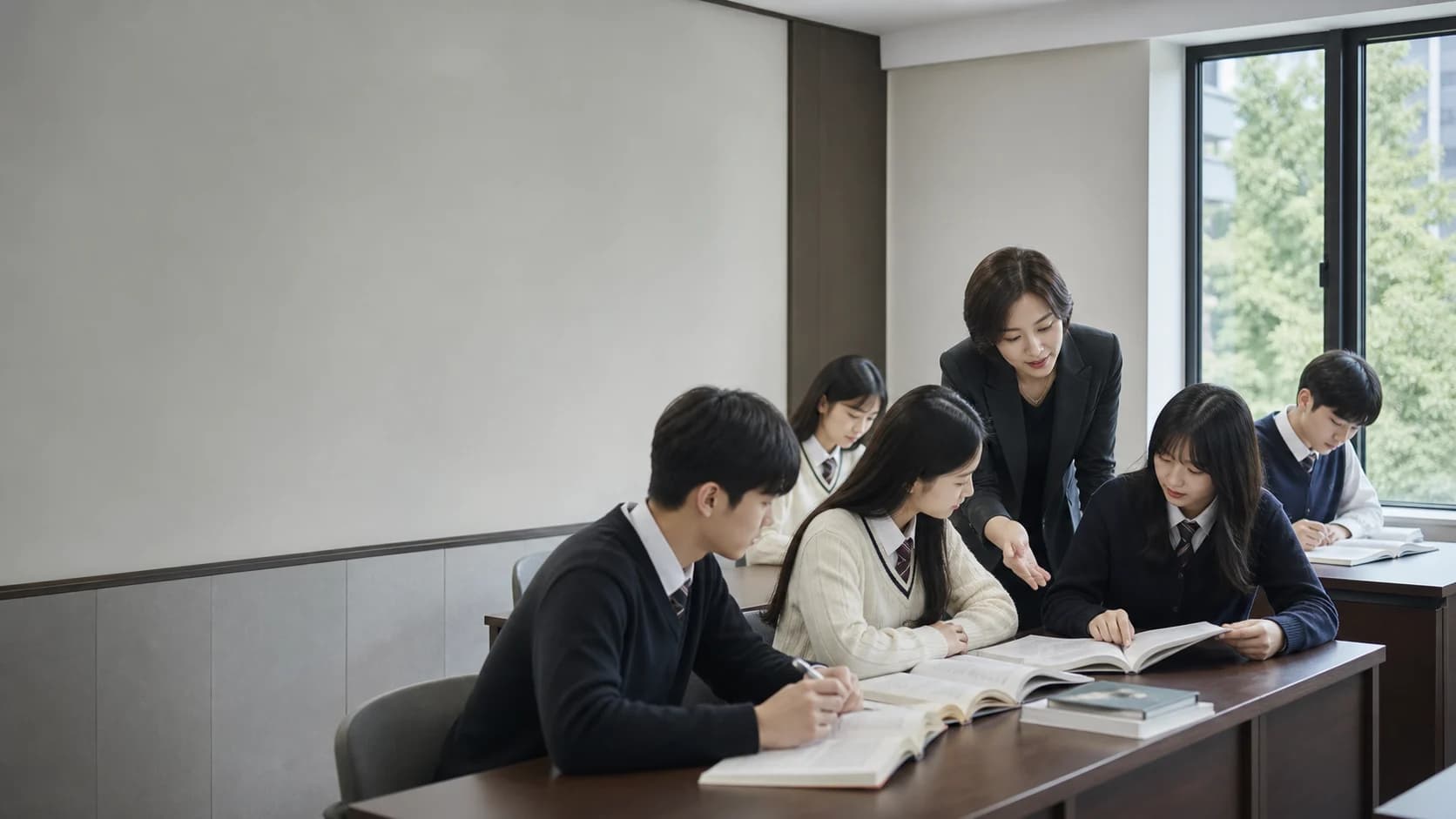 고급스러운 영어 심화 수업을 진행하는 교사와 중고등학생들