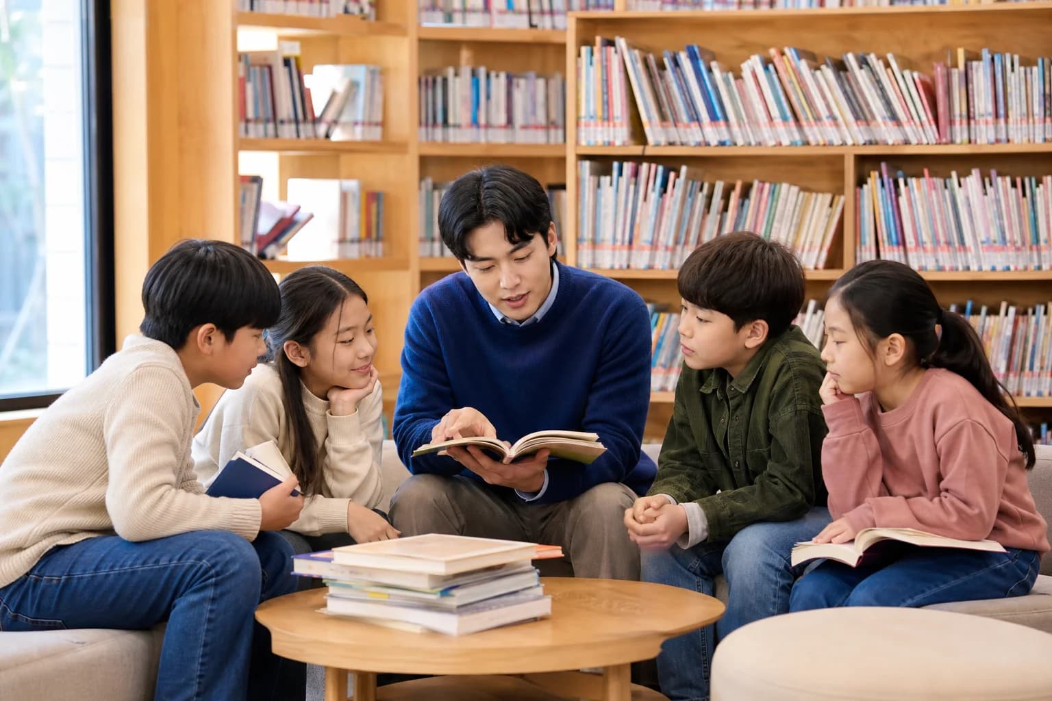 영어 원서를 펼쳐 함께 읽고 이야기하는 강사와 학생들